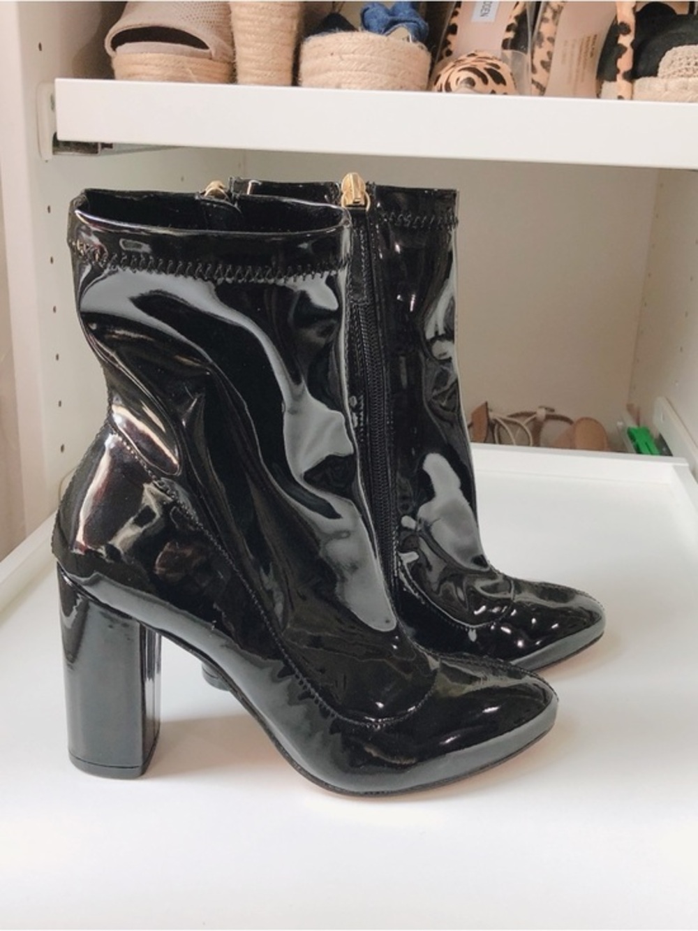 Patent Leather Black Block Heel Ankle Boots